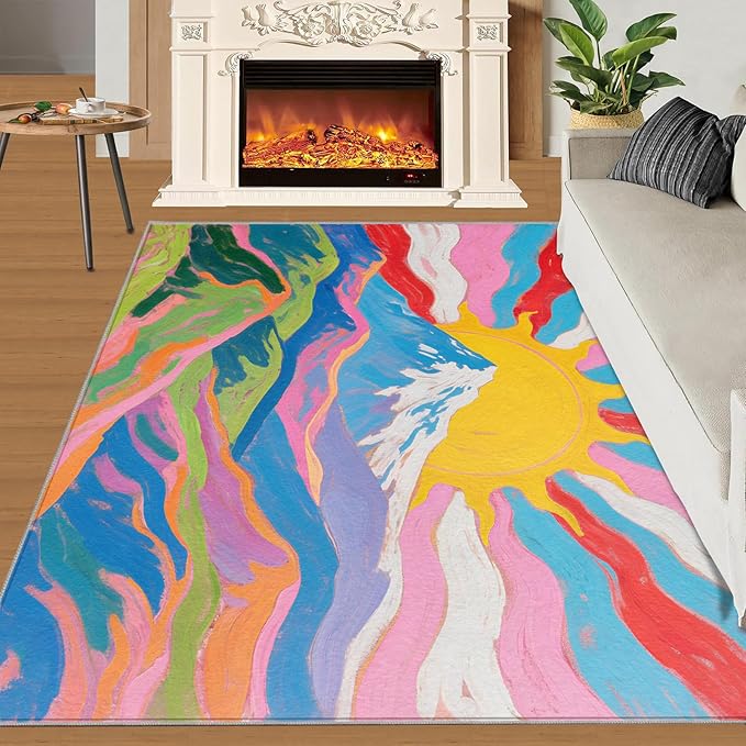 Boho Sun Area Rugs 6x8ft, Watercolor Mountain Living Room Area Rug, Abstraction Deco Play Rug with Carpet Tape Double Sided for Bedroom Office Home Decor