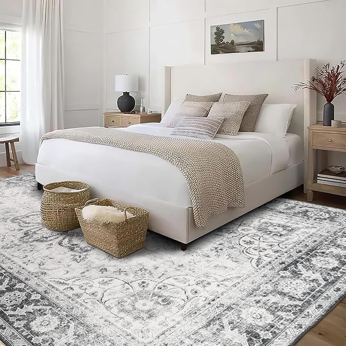 ReaLife Rugs Machine Washable Area Rug - Living Room Bedroom Bathroom Kitchen Entryway Office - Padded Low Pile Stain Resistant Premium - Boho Farmhouse Vintage - Joy - Gray 4' x 6'