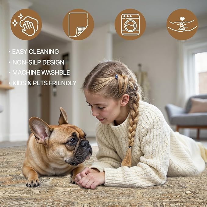 Bavni Washable Rug 3x5 Area Rug for Living Room Bedroom Dining, Washable Vintage Print Carpet, Ultra-Thin Chenille Low Pile Lightweight Rug with Non Slip Backing, Wood
