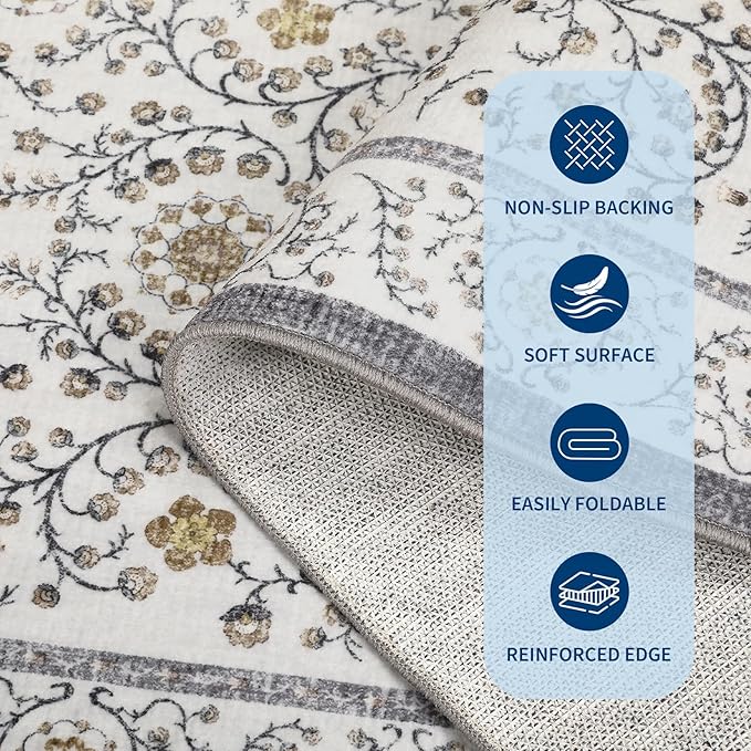 GarveeHome Boho 2x6 Runner Rug for Hallways Non Slip, Vintage Botanical Kitchen Rugs Washable Area Rug for Entryway Stain Resistant, Low Pile Soft Runner Grey Carpet for Bedroom Floor Laundry Room