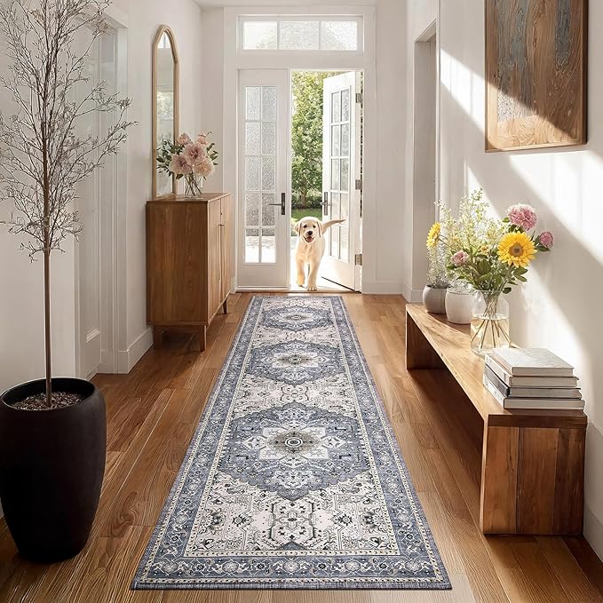 PURRUGS Vintage Farmhouse Boho Runner Rug 2x8 ft, Non-Slip Machine Washable Rug, Accent Oriental Area Rug for Kitchen, Hallway, Entryway, Bedroom, Living Room & Dining Room, Periwinkle Gray/Soft Ivory