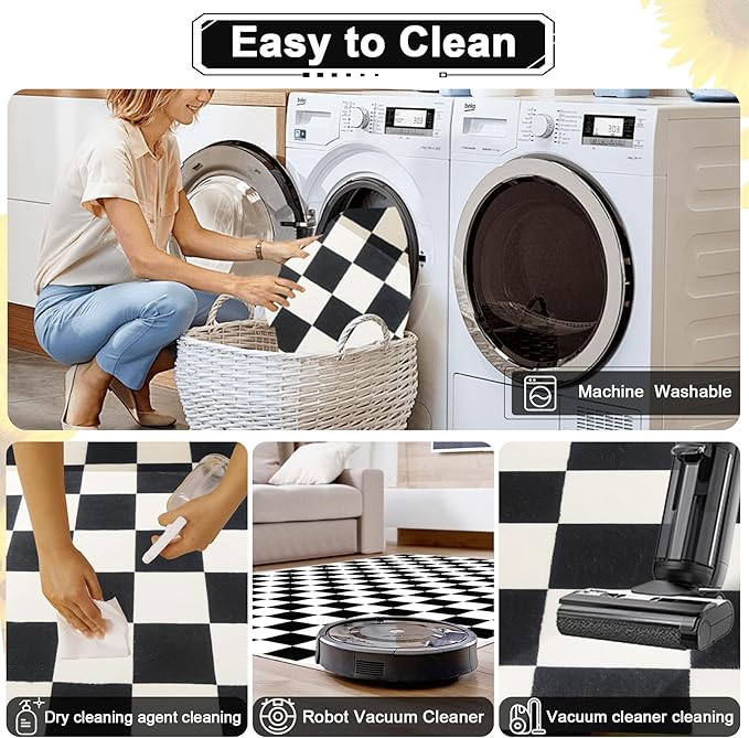 Checkered Rug 3x5 Washable Bedroom Rug Modern Indoor Non-Slip Black and White Checkered Kitchen Carpet for Dining Table Dorm Decor (Black and White, 3x5ft)