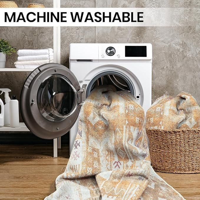 GLN Rugs Traditional Collection - Machine Washable Area Rug, Traditional Washable, Non Slip, Low Pile Chenille Rug, Living Room, Bedroom, Kitchen Rug (2'6" x 10' Sand/Light Gray)