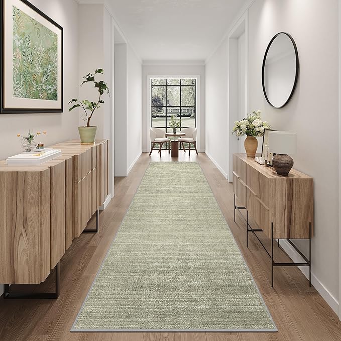 Art&Tuft Non-Slip Runner Rug - 2x10 Runner Rug Washable Low-Pile Rugs Runners, Soft Distressed Carpet Runner for Bedroom Bathroom Kitchen Laundry Living Room, Green