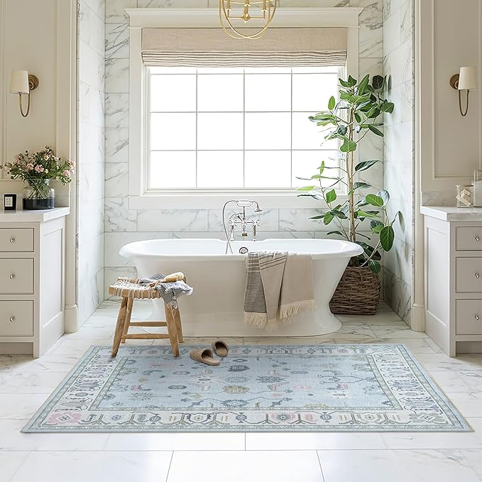 Fame Living Cream Blue Oushak Rug, Modern, Vintage, Turkish, Eclectic, Floral, Pastel, Washable, Large Area Rugs for Living Room, Dining, Bedroom, Girls, Boys, 7'5"x9'8"