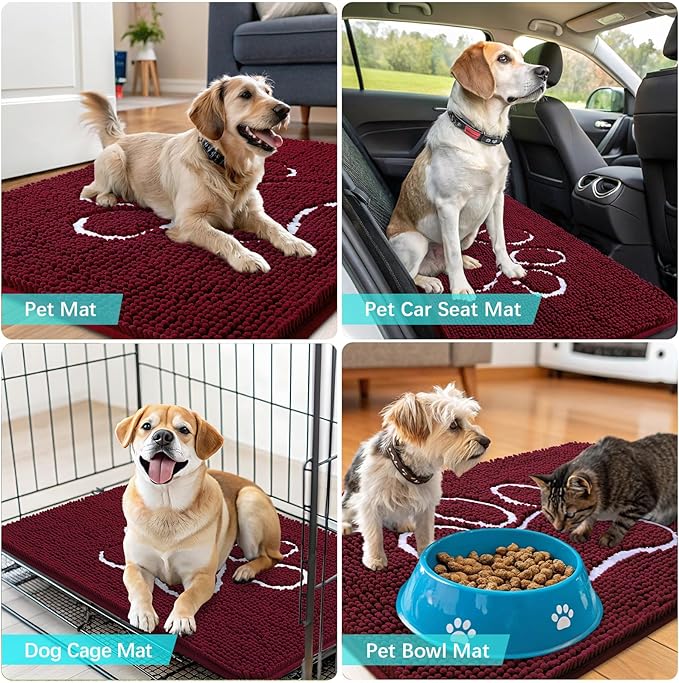 OLANLY Dog Door Mat for Muddy Paws 30x20, Paw Print Design, Absorbs Moisture and Dirt, Absorbent Non-Slip Washable Doormat, Quick Dry Chenille Mud Mat for Dogs, Entry Indoor Entryway Carpet, Burgundy