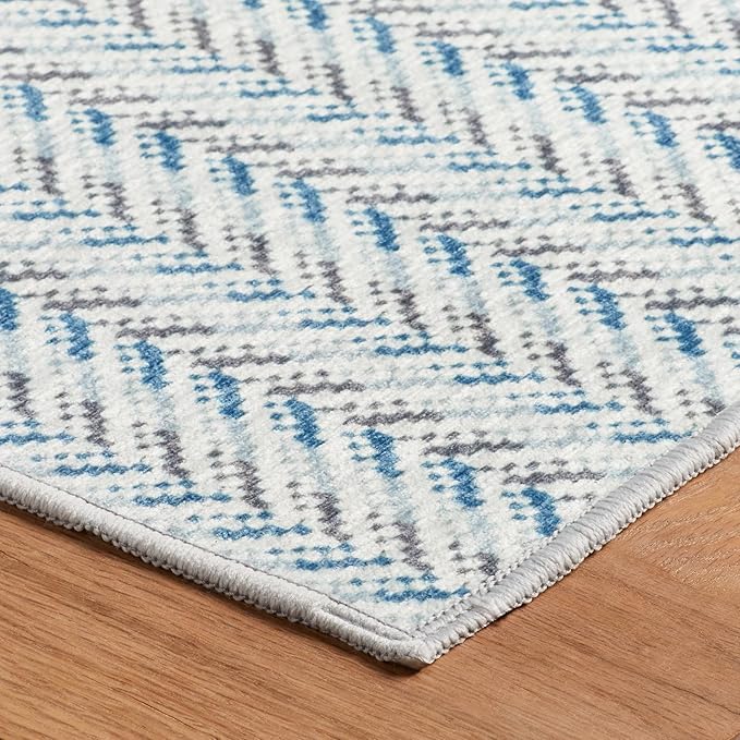 Dash & Albert Lowell Blue Machine Washable Rug, 4 X 6 Feet, Blue Graphic Pattern - Premium Luxury Hotel Quality Soft Breathable Hypoallergenic Machine Washable Easy Care All Season Comfortable