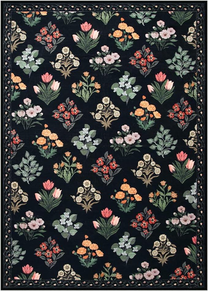 Wonnitar Floral Print Rug for Living Room, Black Washable 5x7 Area Rugs, Ultra-Thin Non Slip Stain Resistant Bedroom Carpet for Dining Room Playroom Office Dorm, Black/Multi