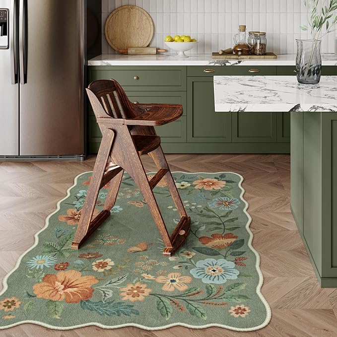 Lahome Floral Machine Washable Rug, 3x5 Rug Non Slip Soft Bedroom Rugs for Entryway Dorm, Ultra-Thin Boho Rugs for Living Room Stain Resistan Throw Carpet for Nursery Entrance, Green