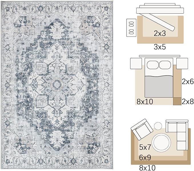 jinchan Kelda Area Rug 9x12 Washable Living Room Rug Vintage Indoor Large Floor Cover Distressed Lightweight Non-Slip Low Pile Thin Mat Accent Stain Resistant Carpet for Bedroom Office Grey