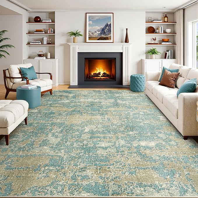 WITSHOCK Living Room Area Rugs 10x12：Modern Abstract Machine Washable Large Rug for Bedroom Dining Room Non-Slip Stain Resistant Home Office Decor,Teal Brown