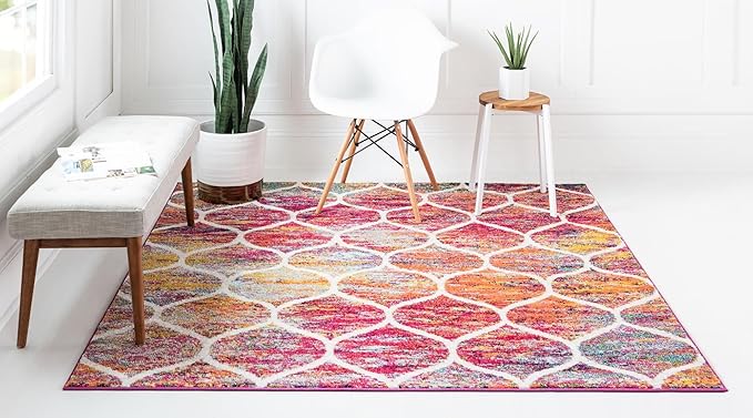 Rugs.com Lattice Frieze Collection Rug – 8' Square Multi Medium Rug Perfect for Living Rooms, Kitchens, Entryways
