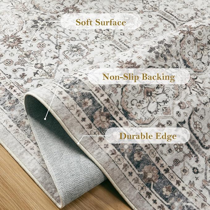 Moynesa Grey Rugs for Living Room 8x10, Vintage Washable Area Rug for Bedroom Dining Room Office, Low Pile Soft Non-Slip Retro Neutral Carpets for Kitchen Indoor Nursery