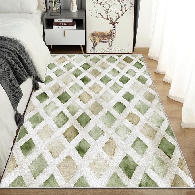 Checkered Rug, Washable 5x8 Rug for Living Room, Geometric Rhombus Patterned Indoor Carpet, Checkered Decor for Home, Bedroom, Soft Non Slip Thin Design FER39