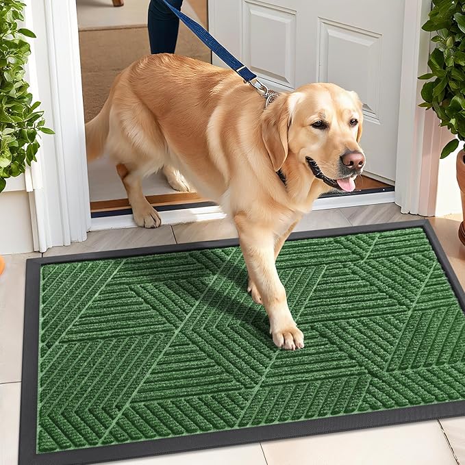 Kitinjoy Front Door Mat Outside Entrance, Sturdy Natural Dirt Trapper, Heavy Duty Rubber Doormat, Low Profile Non-Slip Backing, Easy Clean Floor Mat for Indoor Outdoor Entry, 47X23 Inch, Green
