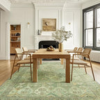 Bavni Washable Rug 5x7 Area Rug for Living Room Bedroom Dining, Washable Vintage Print Carpet, Ultra-Thin Chenille Low Pile Lightweight Rug with Non Slip Backing, Light Green