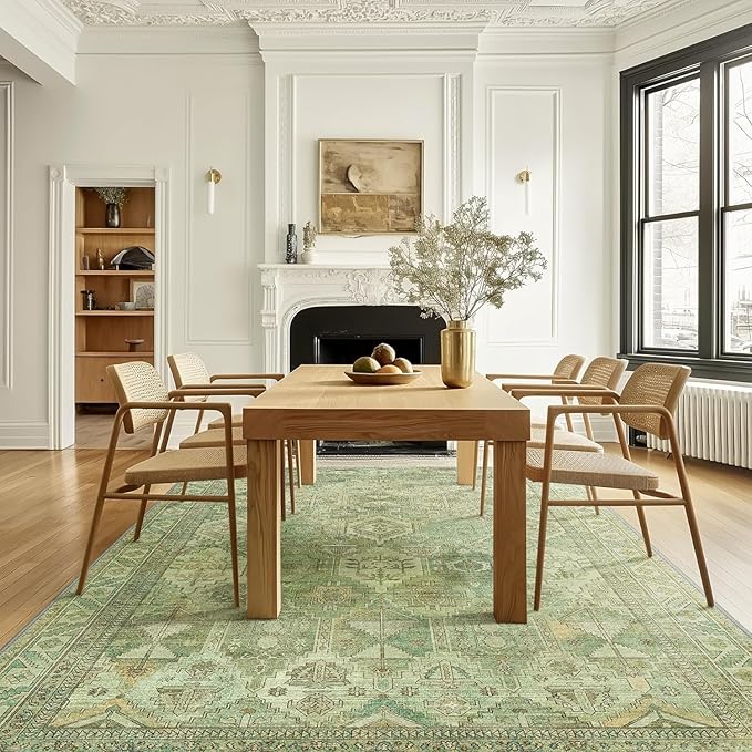 Bavni Washable Rug 5x7 Area Rug for Living Room Bedroom Dining, Washable Vintage Print Carpet, Ultra-Thin Chenille Low Pile Lightweight Rug with Non Slip Backing, Light Green