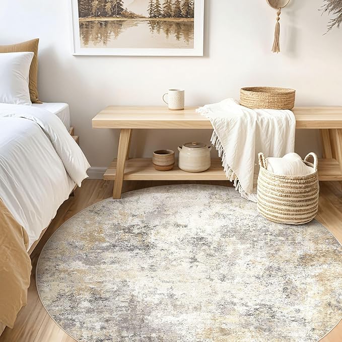 6ft Round Area Rug Living Room Rugs - 6x6 Washable Neutral Modern Abstract Soft Thin Rug Indoor Floor No Slip Rug Carpet for Bedroom Under Dining Table Home Office Decor - Golden Grey