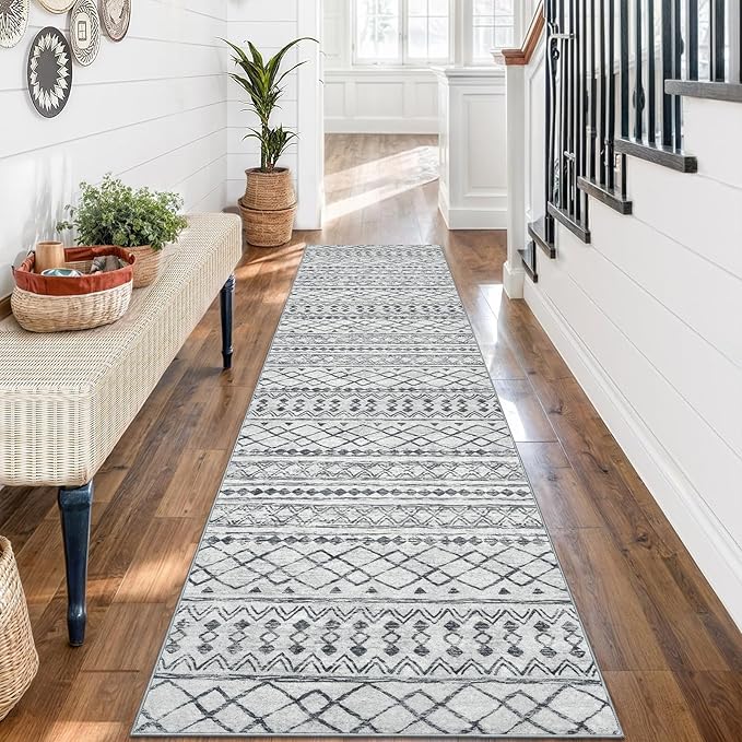 KUTA Moroccan Washable Runner Rug, 2x7 Non-Slip Vintage Grey White Boho Hallway Kitchen Rugs Ultra Soft Distressed Geometric Floor Carpet Runners for Bedroom Laundry Living Room