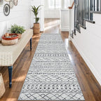 KUTA Moroccan Washable Runner Rug, 2x7 Non-Slip Vintage Grey White Boho Hallway Kitchen Rugs Ultra Soft Distressed Geometric Floor Carpet Runners for Bedroom Laundry Living Room