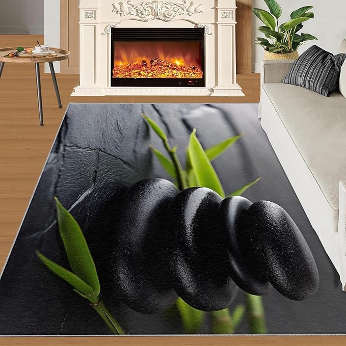 Zen Buddhism Rugs for Bedroom - 3x4 Area Rug - Black Zen Dianthus Leaf Rugs for Living Room, Meditation Yoga Rug, Washable Home Decor Carpet