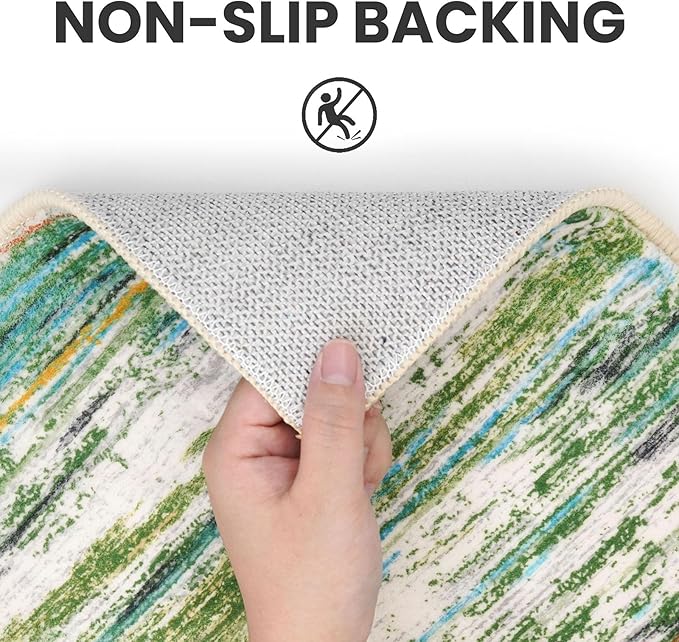 3x5 Modern Abstract Area Rug for Entryway, Green Grey Multi Super Soft Washable Rug with Non-Slip, Low-Pile Door Mat Indoor for Living Room Bedroom, Carpet with Non-Shedding