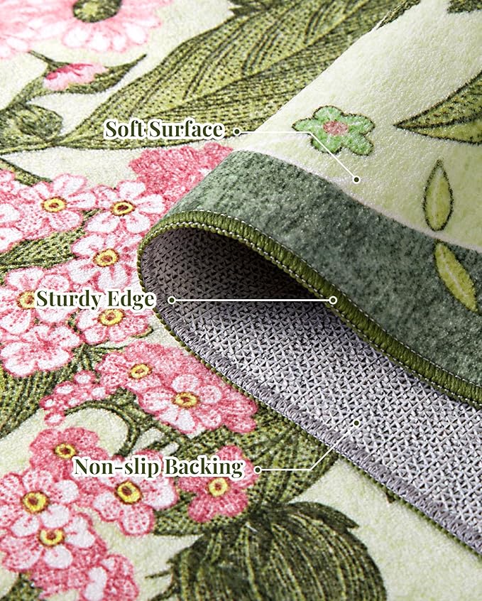 Floral Area Rug Living Room - 8x10 Washable Rugs Low Pile Non-Slip Soft Bedroom Rugs Under Bed Stain Resistant Accent Indoor Vintage Carpet for Dining Room Nursery Home Office Decor, Green