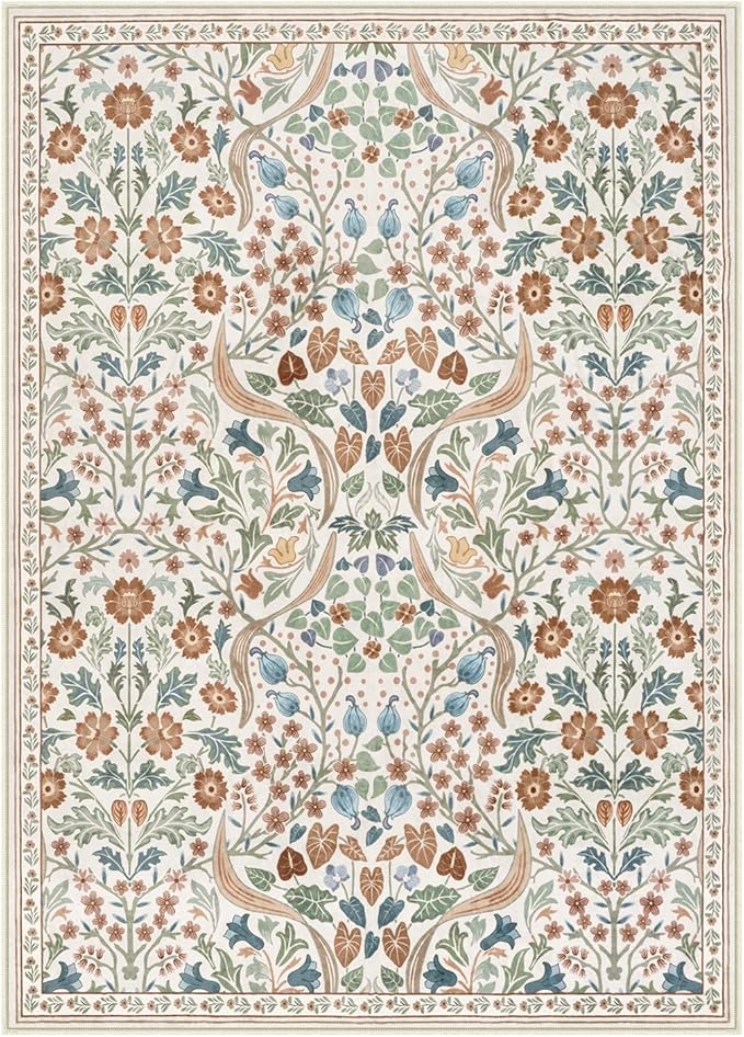 Lahome Floral 5x7 Beige Bedroom Rug, Non-Slip Washable Area Rugs for Nursery, Botanical Soft Boho Carpet Floor Mats for Kids, Playroom, Living Room