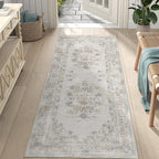 jinchan Vintage Floral Runner Rug 2x5 - Machine Washable Distressed Design Non-Slip Low-Pile Soft Thin Carpet for Hallway Kitchen Farmhouse Bedroom Entryway Laundry Room (2x5ft, Light Grey)