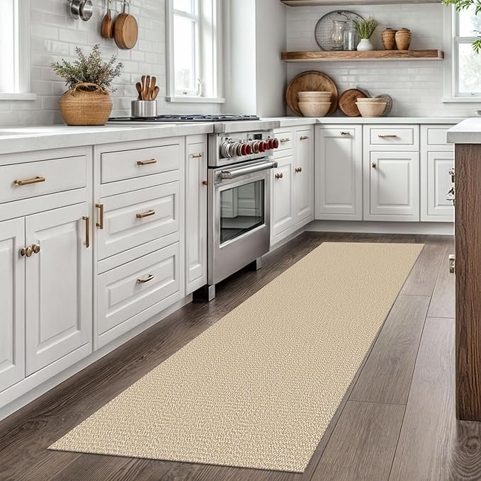 EARTHALL Washable Runner Rug 2x7 Ft Non Slip Runners for Hallways Cotton Rubber Backed Kitchen Runner Braided Indoor Floor Carpet Runners for Entryway, Hallway, Kitchen, Bedroom, Golden Beige/White