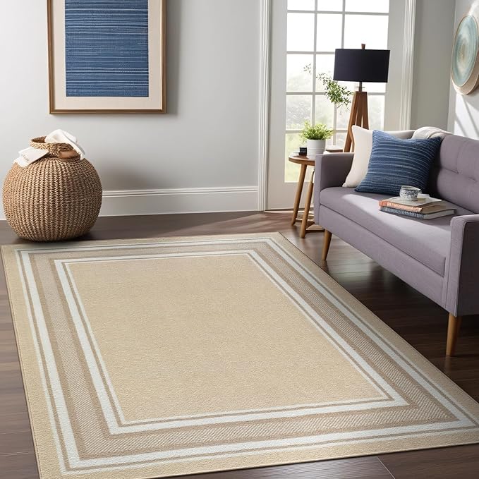 Beverly Rug Non Slip Area Rugs 8x10 Modern Bordered Non Skid Rubber Backing Soft Area Rug for Living Dining Room Easy to Clean Non Shedding Kitchen Bedroom Indoor Carpet 8 x 10 Beige