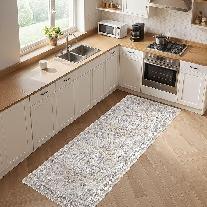 Runner Rug Kitchen Washable Rugs: 3x10 Non-Slip Boho Soft Vintage Stain Resistant Indoor Floor Neutral Farmhouse Throw Carpet for Hallway Bathroom Laundry Room Entryway Bedroom- Ivory Gray