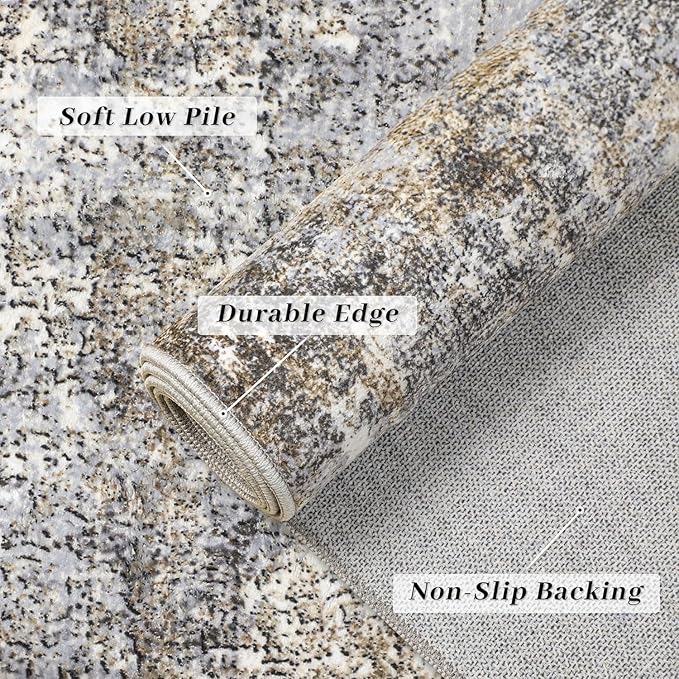 Machine Washable Area Rug 8x10 Grey Large Living Room Indoor Accent Rug Neutral Modern Abstract Low Pile Carpet Non Slip Distressed Throw Rug Bedroom Office Dining Room