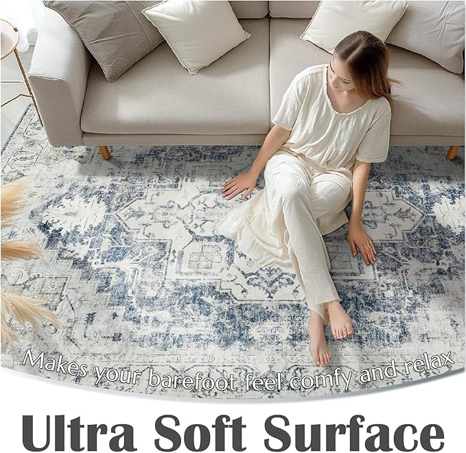 jinchan Kelda Area Rug 8x10 Washable Living Room Rug Vintage Soft Indoor Large Floor Cover Retro Distressed Mat Accent Lightweight Non-Slip Thin Carpet for Kitchen Bathroom Bedroom Grey