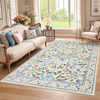 GarveeHome Washable Rug 6 x 9, Low Pile Farmhouse Floral Rug, Non-Shedding Indoor Foldable Printed Carpet Non-Slip Soft Vintage Throw for Bedroom Dining Room Kitchen, Green
