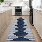 HelloTree Hallway Runner Rug，2.6x8 Moroccan Modern Stripe Carpet Washable Machine Bathroom Runner Bohemian Design Modern Soft Non Slip Indoor Rug for Entryway Hallway Laundry Room Bedroom-Blue