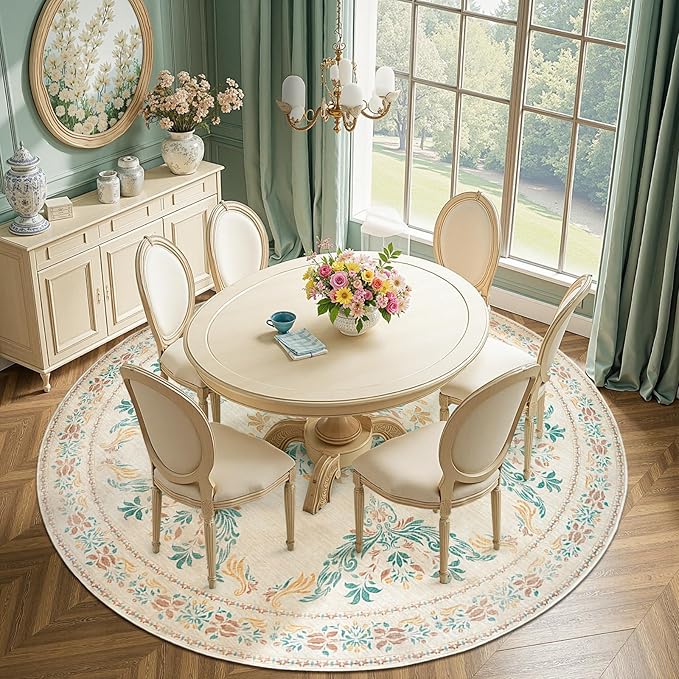 jinchan Round Rug 7ft Area Rug Vintage Floral Distressed Design Machine Washable Soft Non-Slip Low-Pile Ultra-Thin Circle Rug for Living Room Dining Room Bedroom Home Office (7' Round, Apricot Multi)