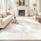 8X10 Area Rugs for Living Room, Washable Rugs Beige Vintage Medallion Non-Slip Soft Low Pile Rug Large Indoor Retro Carpet for Bedroom Dining Room Home Office Nursery Room(Beige,8'x10')