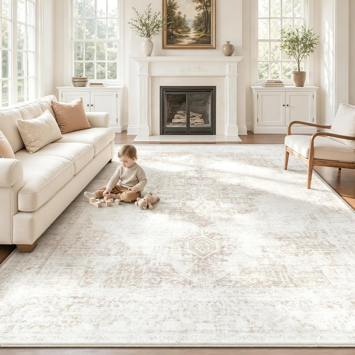 8X10 Area Rugs for Living Room, Washable Rugs Beige Vintage Medallion Non-Slip Soft Low Pile Rug Large Indoor Retro Carpet for Bedroom Dining Room Home Office Nursery Room(Beige,8'x10')