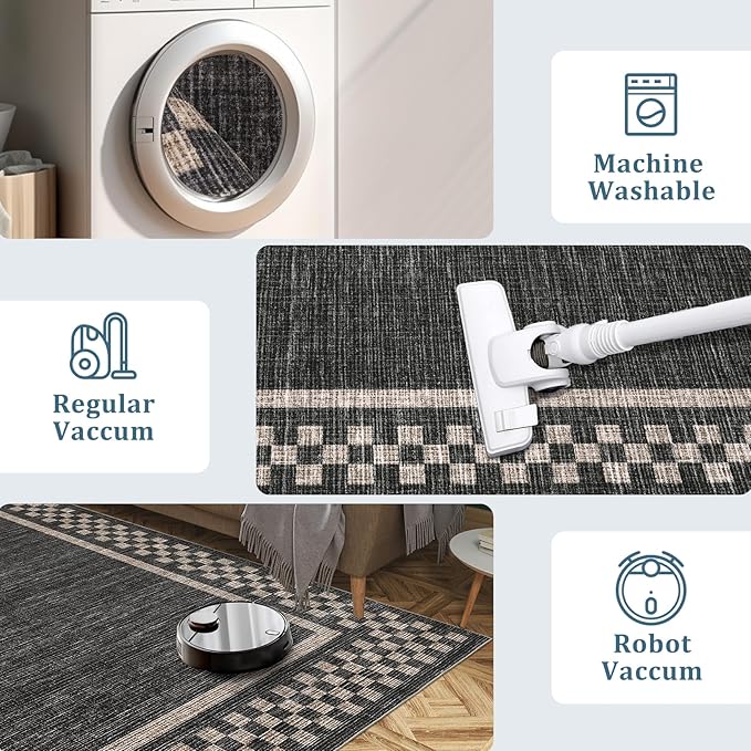 GarveeHome Washable Area Rugs 8x10 Non Slip Soft Large Living Room Rug Modern Checkered Bedroom Rug Soft Geometric Bordered Throw Carpet for Dining Room Home Decor Office Nursery, Black