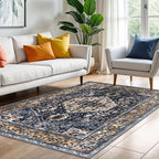 KOZYFLY Boho Area Rug 4x6 Ft Rugs for Entryway Washable Entry Rug Non Slip Rugs for Living Room Gold Navy Printed Faux Wool Vintage Bedroom Throw Rug for Entrance Kitchen Living Room