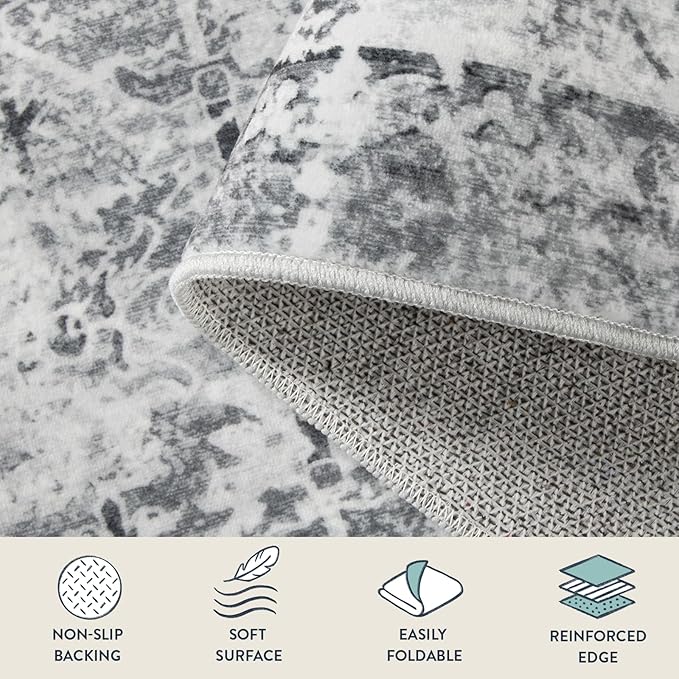 Lahome Vintage 9x12 Washable Grey Rugs for Living Room Bedroom, Boho Dining Room Rugs for Under Table, Soft Non Slip Indoor Throw Carpet for Home Office Playroom (9x12ft,Grey)