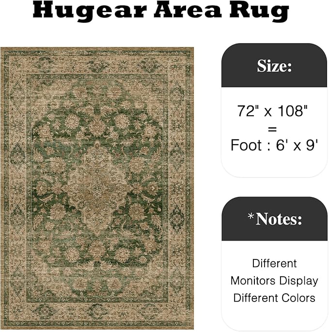 HUGEAR Retro Green Area Rug 6x9 Machine Washable Living Room Rugs Distressed Vintage Floral Low Pile Carpet Bedroom Office Dining Room Laundry Room Non Slip Soft Lightweight