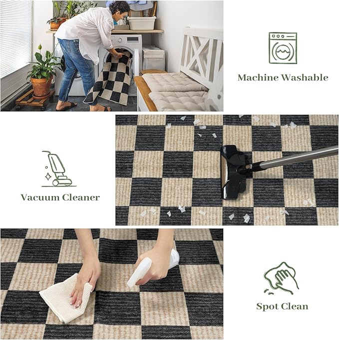 LIVEBOX 9x12 Area Rugs for Living Room, Checkered Non-Slip Washable Rugs, Farmhouse Neutral Classic Geometric Large Boys Area Rug for Bedroom, Carpet for Living Dining Room Office(Black,9'x12')