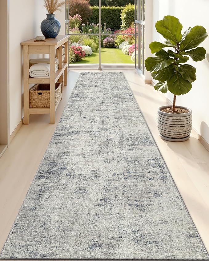DEXI Hallway Runner Rug 3x8, Modern Abstract Non Slip Thin Soft Runners Carpet, Stain Resistant Washable Indoor Rug for Hallway Entryway Kitchen Laundry Room Living Room, Blue