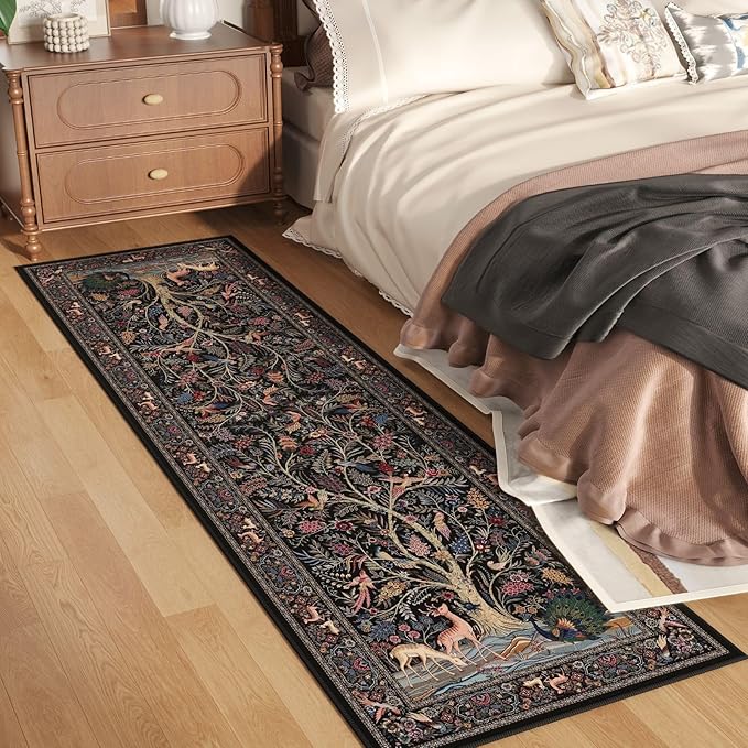 Rugcomf Runner Rug Vibrant Tree of Life-Patterned Vintage Kitchen Rugs Non Slip Washable Soft Carpet Runner for Laundry Bedroom Bathroom, Black
