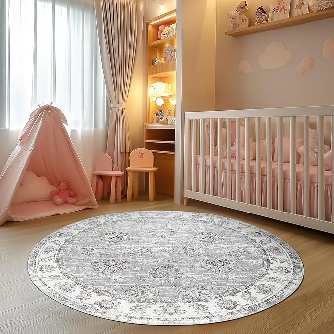 jinchan Fiora Round Rug 6ft Area Rugs Vintage Floral Distressed Design - Machine Washable Non-Slip Low-Pile Ultra-Thin Circle Rug for Entryway Bedside Living Room Dining Room Bedroom (6' Round, Grey)