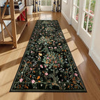 Morebes Floral Washable Runners for Hallways 2x8 Non Slip, Boho Flower Entryway Runner Rug, Botanical Birds Indoor Ultra-Thin Soft Floor Carpet Runners for Kitchen Laundry Bath Room Entrance, Black