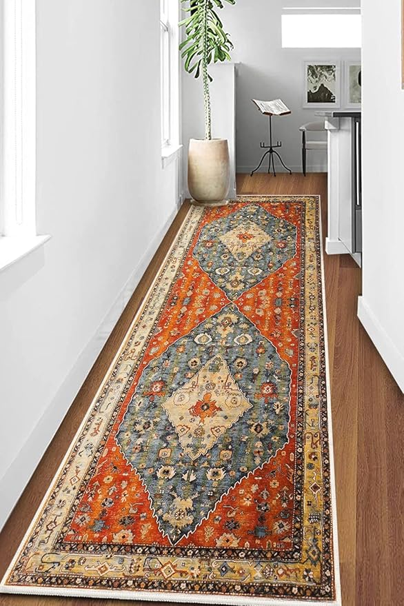 COMSLE Boho Runner Rug, 2' x 8' Washable Rugs for Hallway Faux Wool Small Kitchen Area Rug Distressed Throw Rug Non-Slip Laundry Room Rug Carpet Runner for Entryway Indoor Bedroom