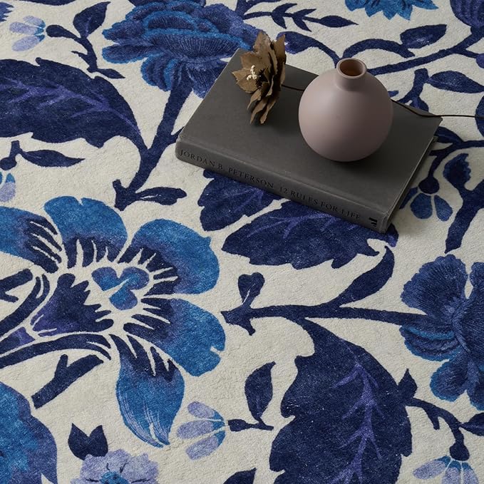 EVERGRACE Hallyway Area Runner Rugs 2x10, Boho Floral Faux Wool Indoor Outdoor Rugs, Washable Rugs for Bedroom Dining Room Living Room Kitchen, Low Pile Floor Mat Carpet for Home Decor, Celtic Blue